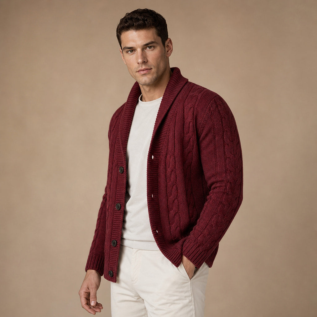 Shawl Collar Cardigan Loose Fit Burgundy – Side Angle View