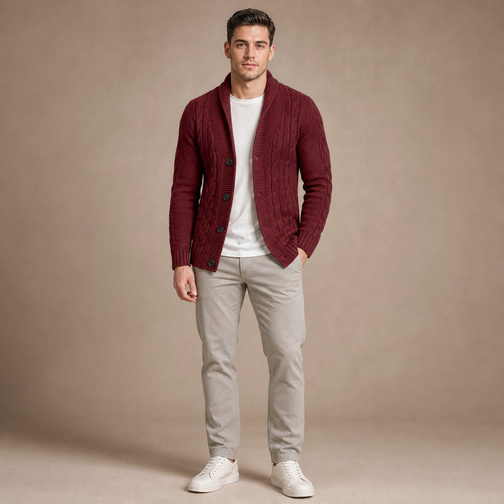 Shawl Collar Cardigan Loose Fit Burgundy – Full Look