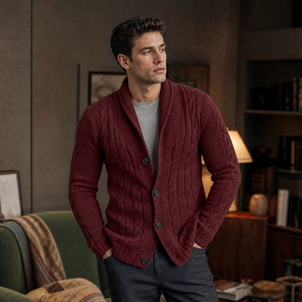 Shawl Collar Cardigan Loose Fit Burgundy – Styled Editorial Shot