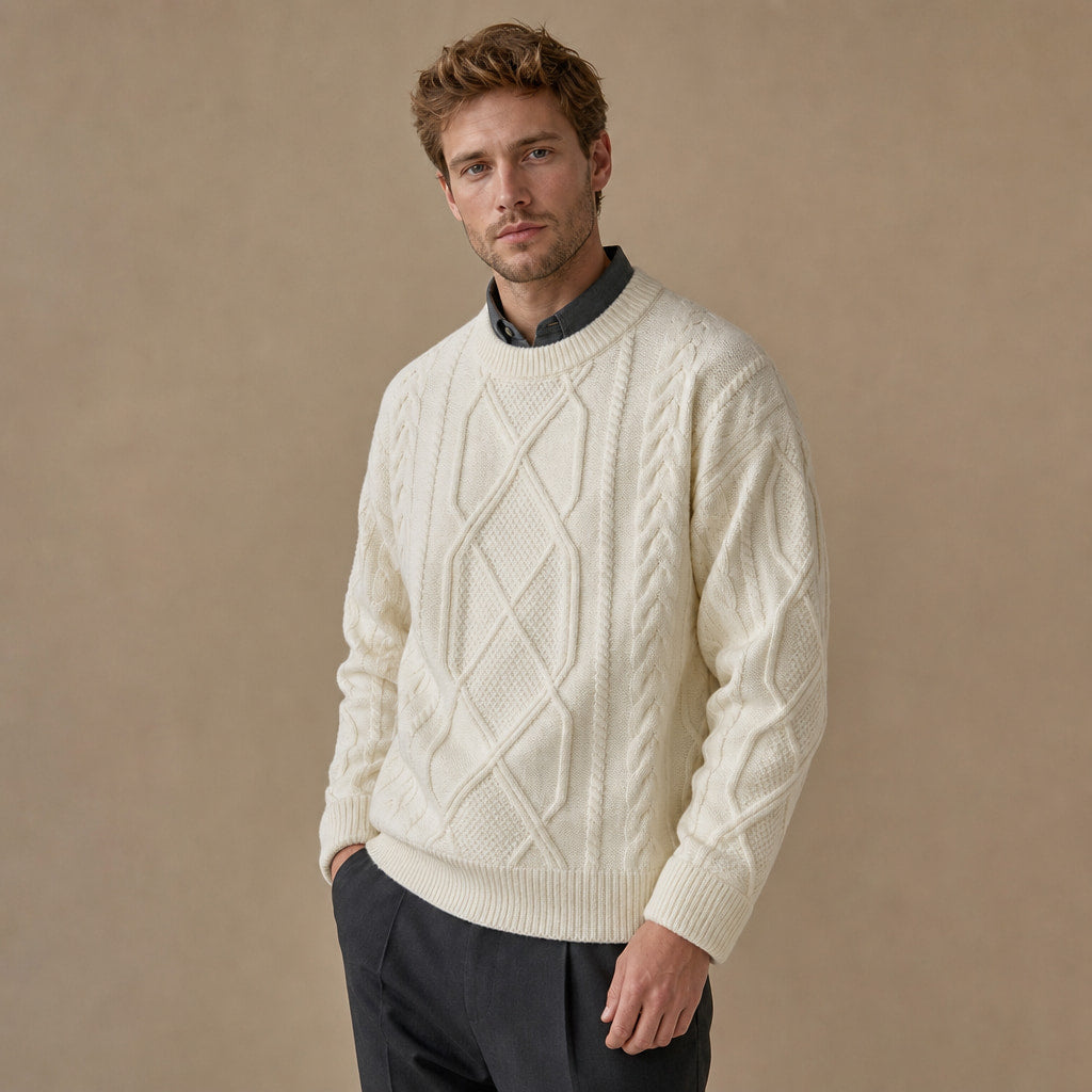 Jacquard Crew Neck Jumper Twist Knit Beige – Side Angle View