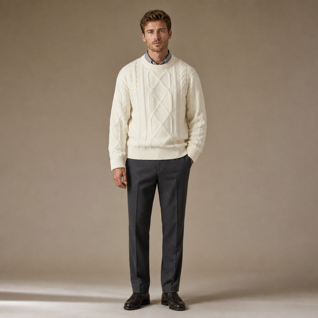 Jacquard Crew Neck Jumper Twist Knit Beige – Full Look