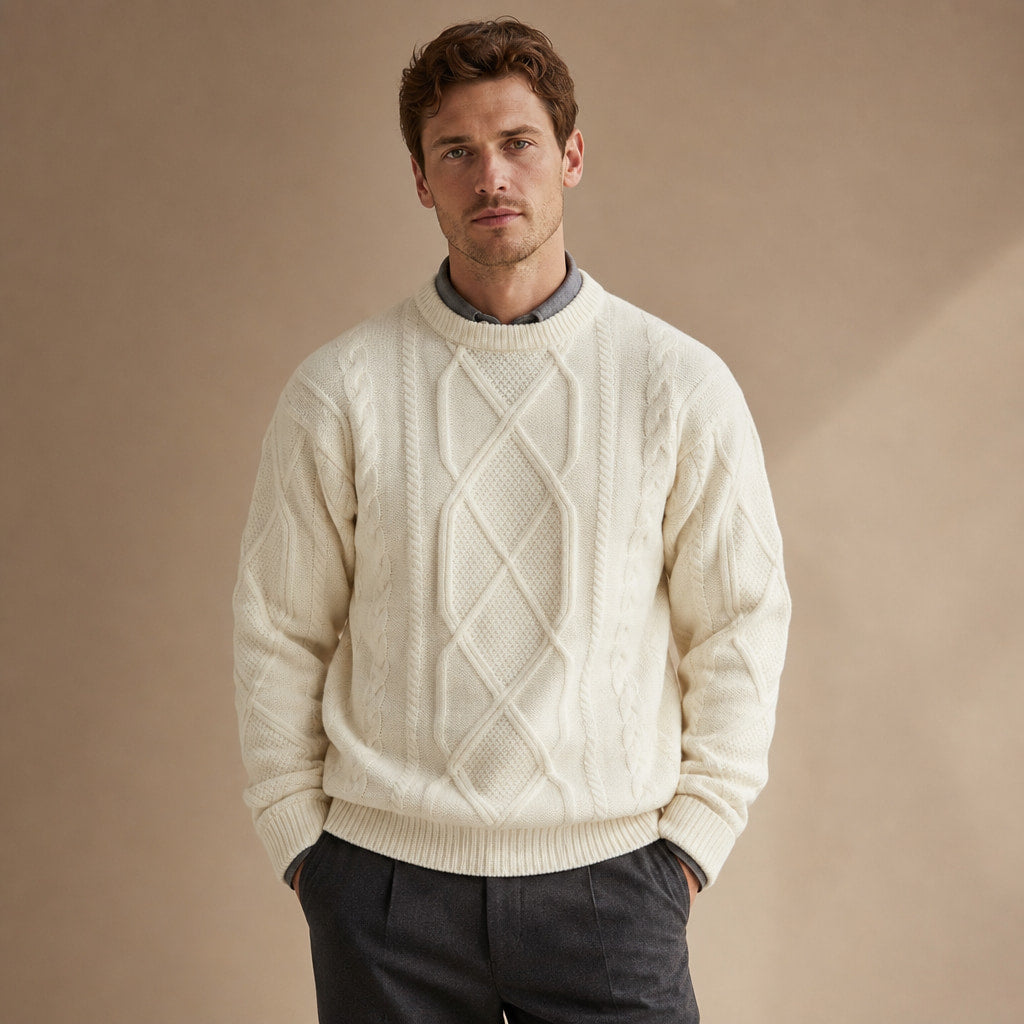 Jacquard Crew Neck Jumper Twist Knit Beige – Product Photo