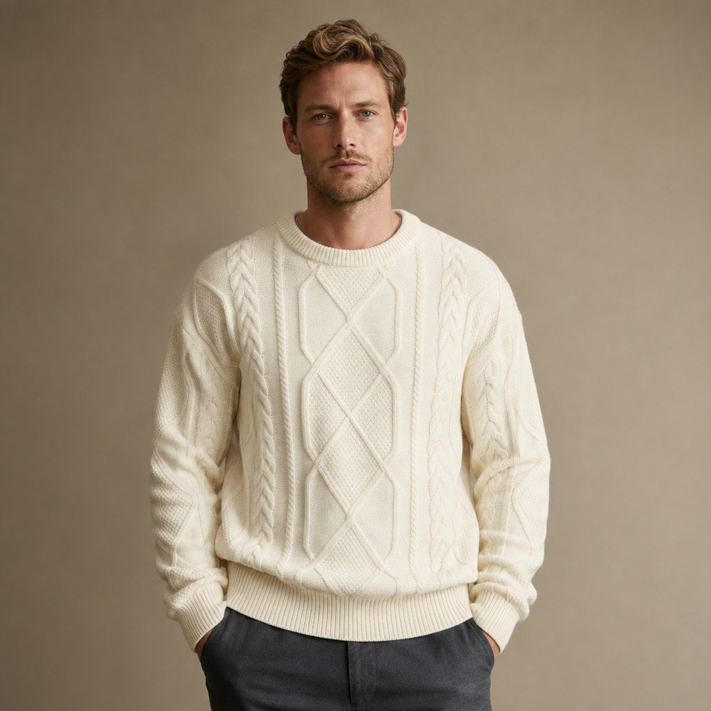 Jacquard Crew Neck Jumper Twist Knit in Beige – Tomosino Premium Menswear