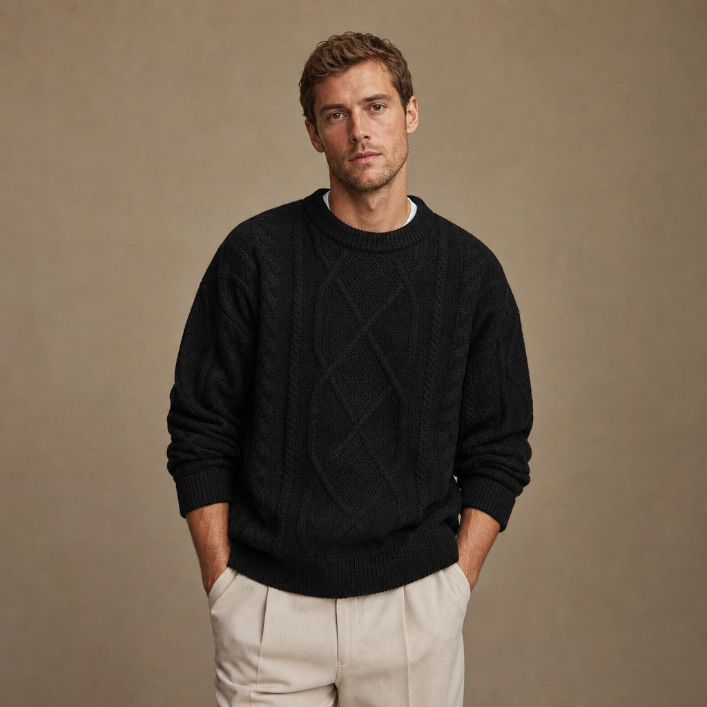 Jacquard Crew Neck Jumper Twist Knit Black – Product Photo