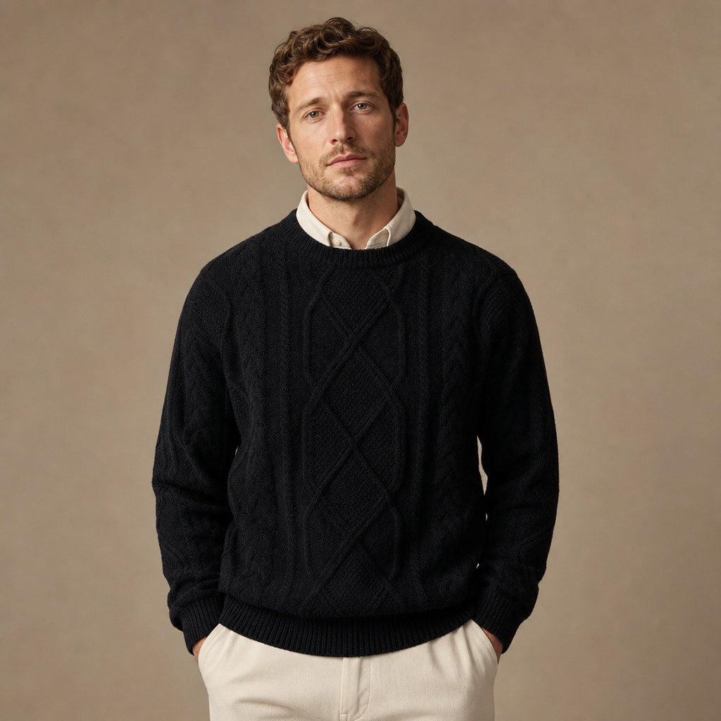 Jacquard Crew Neck Jumper Twist Knit in Black – Tomosino Premium Menswear