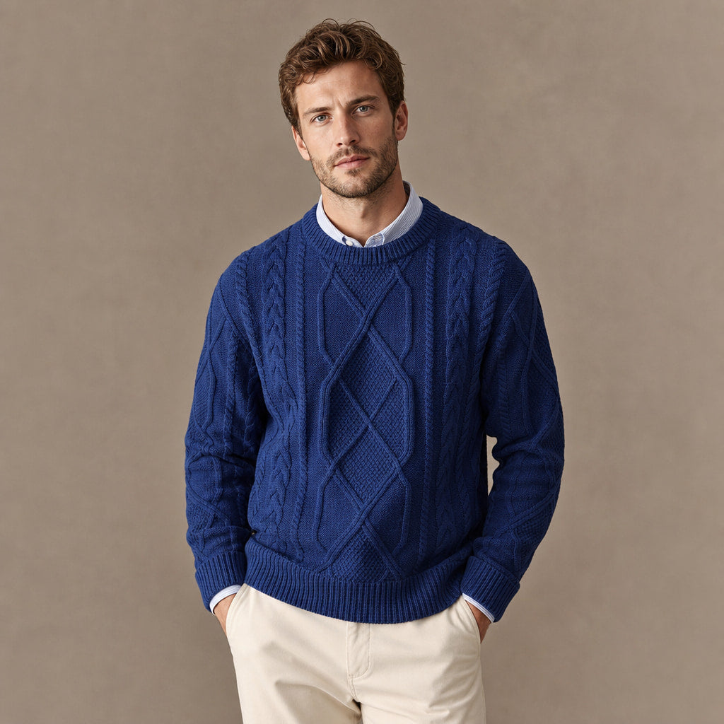 Jacquard Crew Neck Jumper Twist Knit Navy – Product Photo