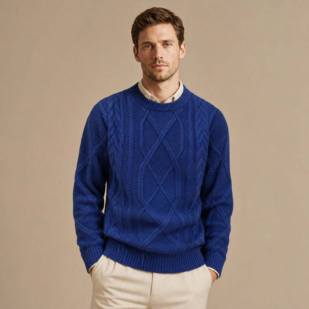 Jacquard Crew Neck Jumper Twist Knit in Navy – Tomosino Premium Menswear