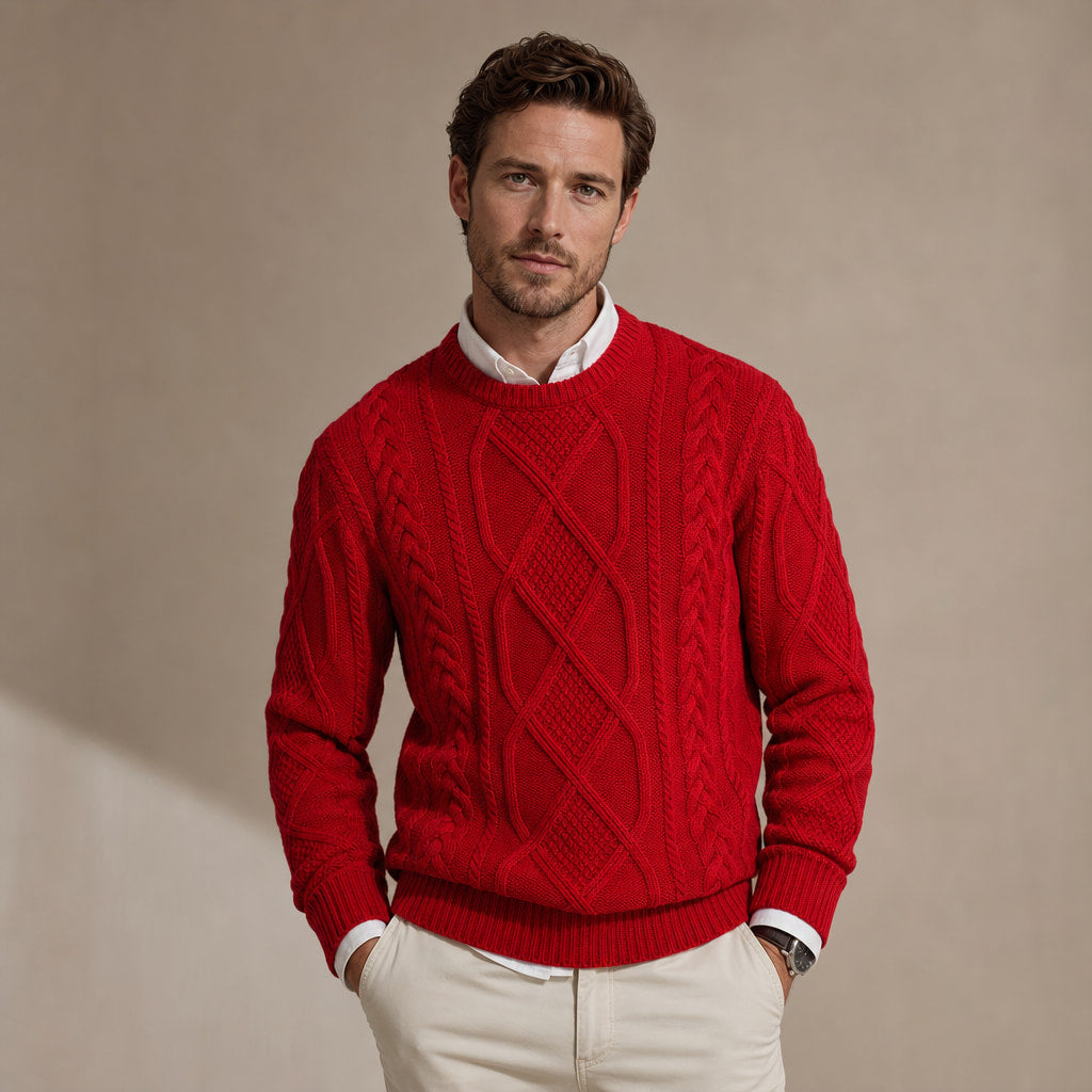 Jacquard Crew Neck Jumper Twist Knit Red – Product Photo