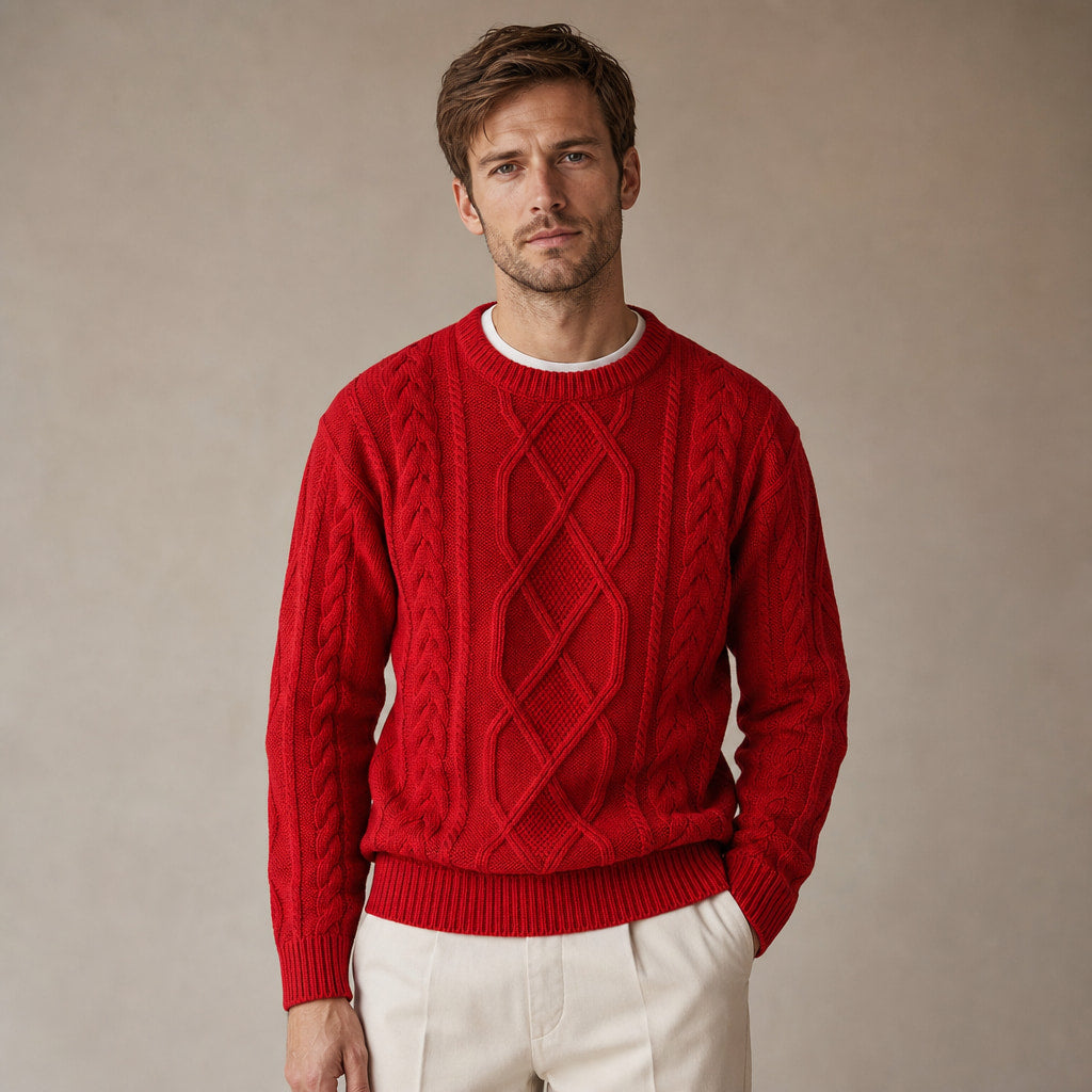 Jacquard Crew Neck Jumper Twist Knit in Red – Tomosino Premium Menswear