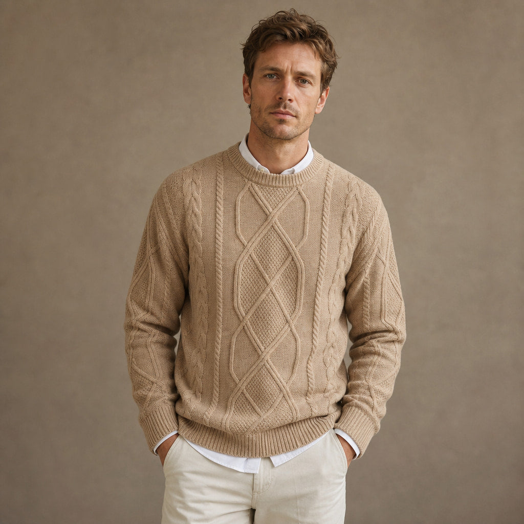 Jacquard Crew Neck Jumper Twist Knit Tan – Product Photo