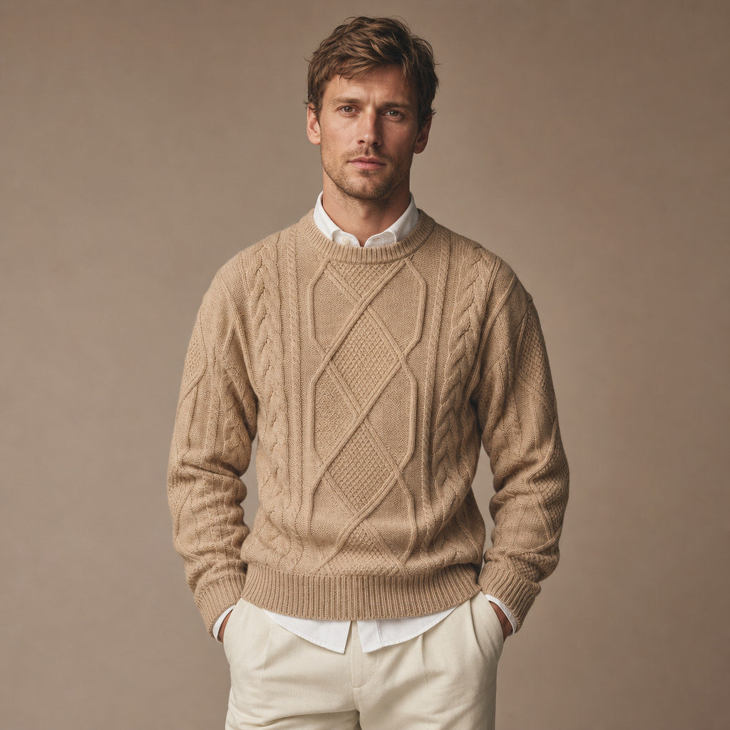 Jacquard Crew Neck Jumper Twist Knit in Tan – Tomosino Premium Menswear