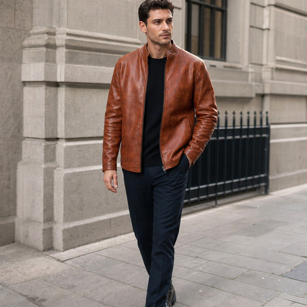 Harland | Sheepskin Leather Jacket Chestnut Brown – Product Photo