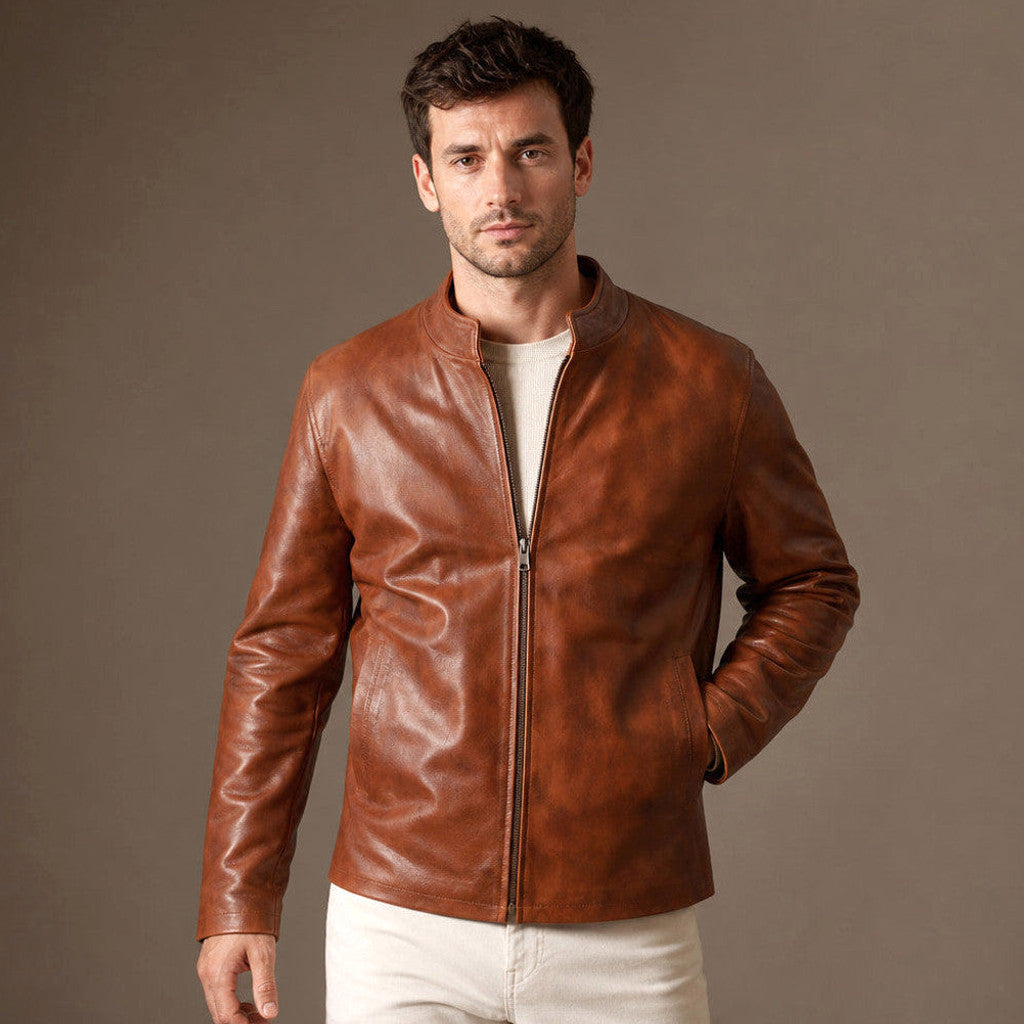 Chestnut brown sheepskin leather jacket with banded collar and full-length zip