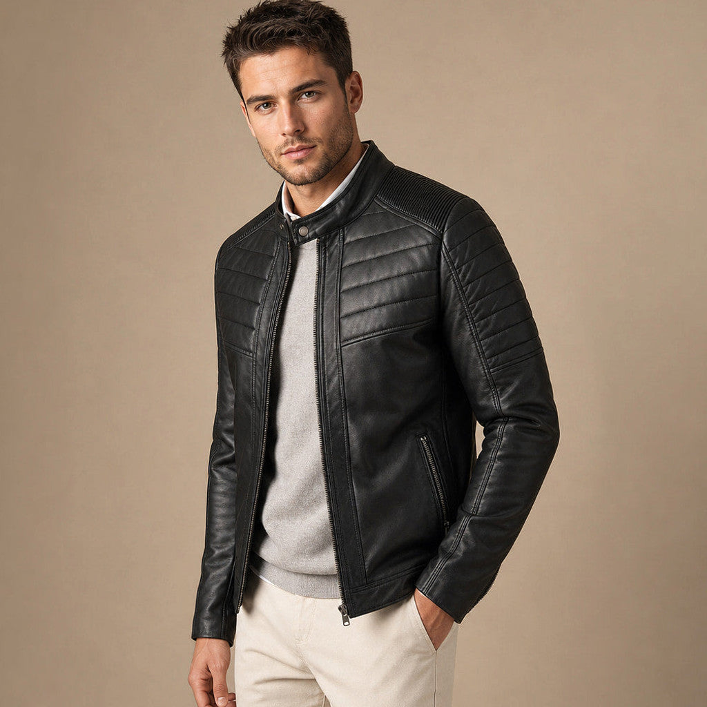 Harlen | Quilted Leather Jacket Black Black – Side Angle View