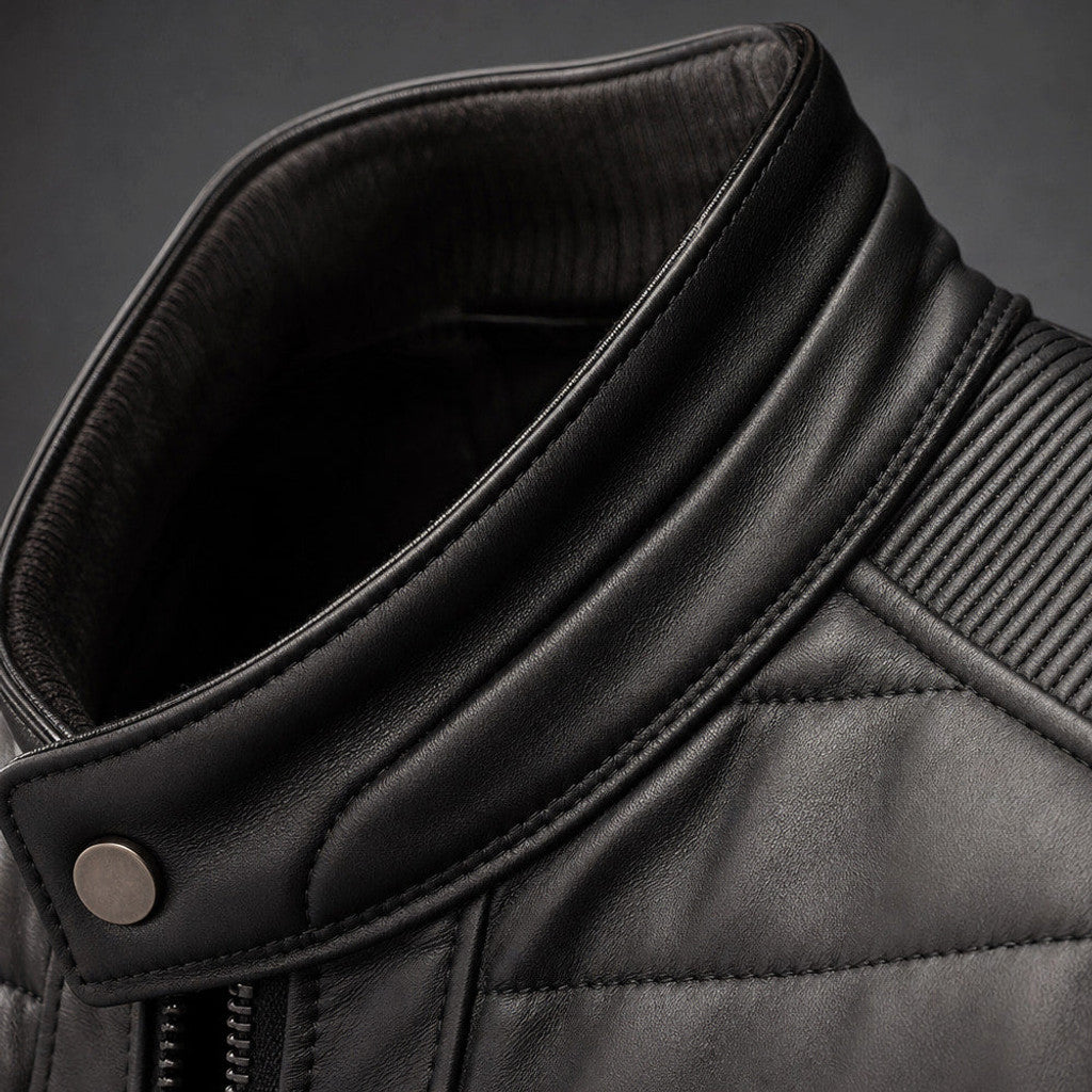 Harlen | Quilted Leather Jacket Black Black – Fabric and Detail Close-Up