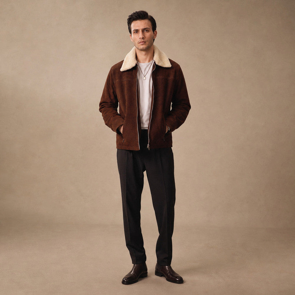 Harlowe | Suede Leather Jacket Shearling Collar Dark Brown – Full Look