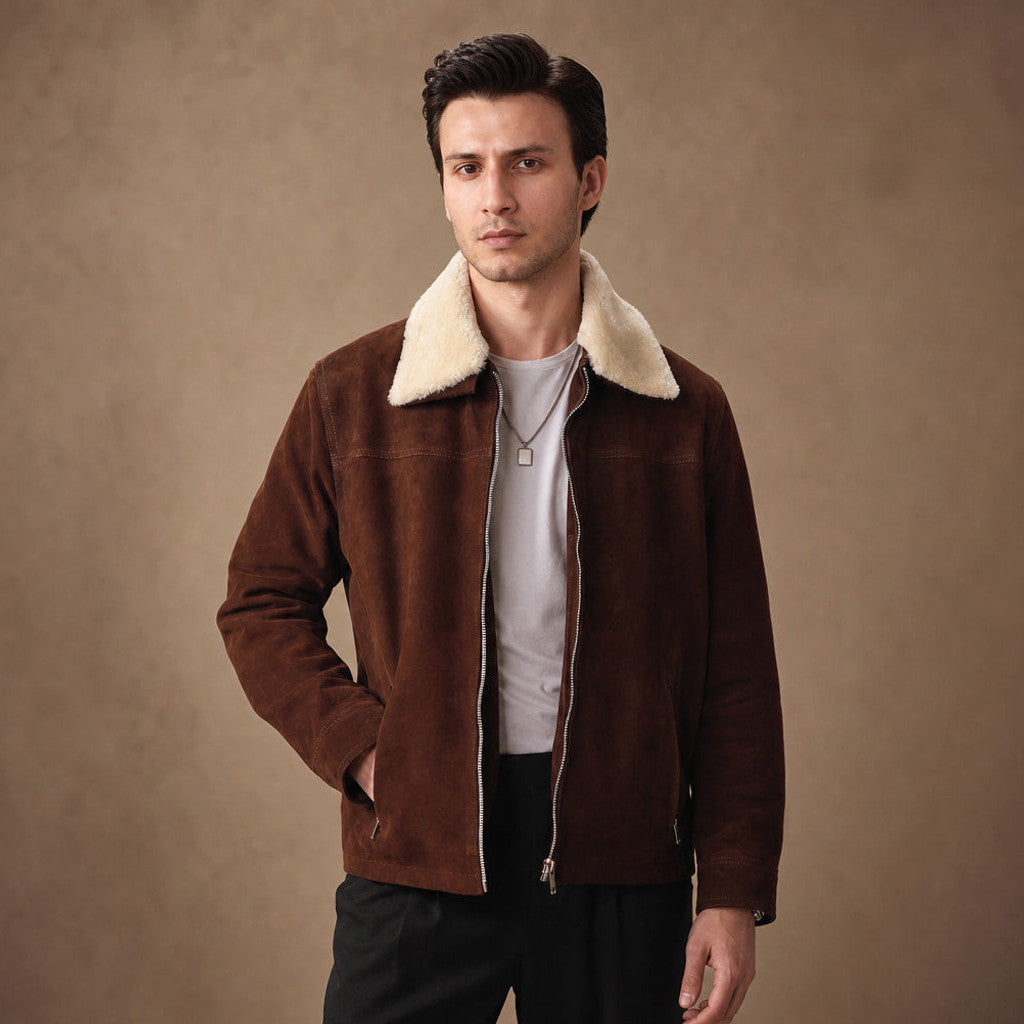 Harlowe | Suede Leather Jacket Shearling Collar Dark Brown – Product Photo