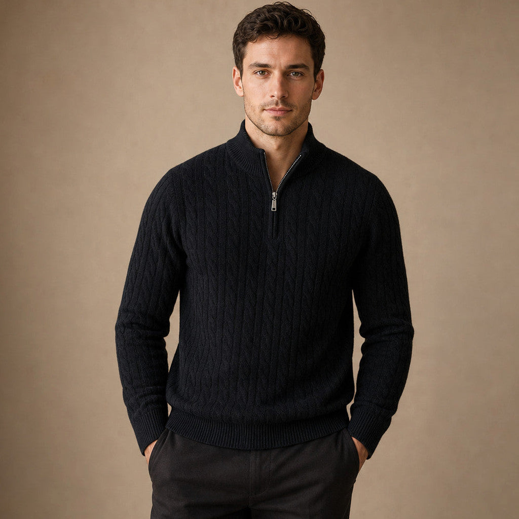 Harold | Cable Knit Quarter Zip Jumper in Black – Premium Editorial