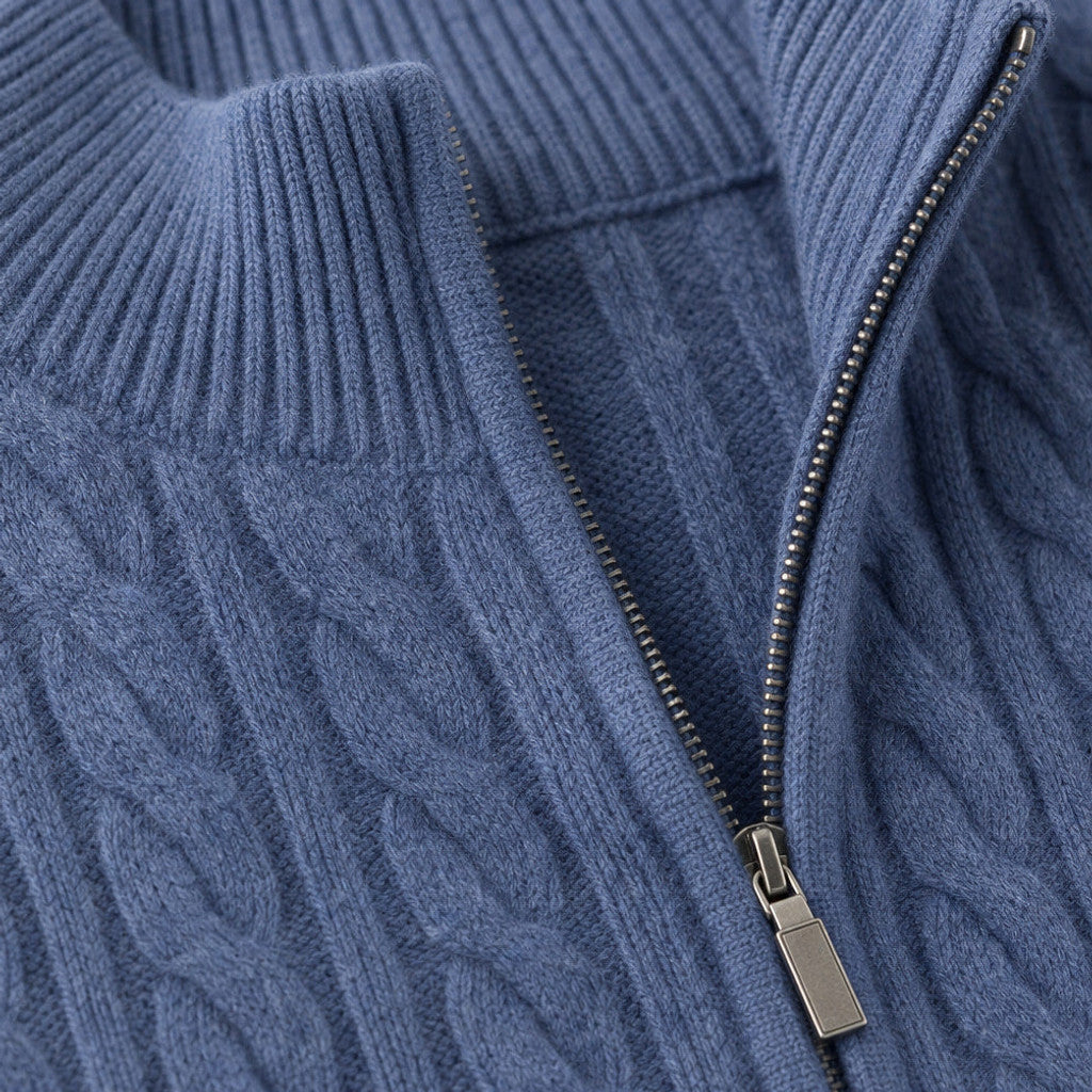 Harold | Cable Knit Quarter Zip Jumper Midnight Navy – Fabric and Detail Close-Up