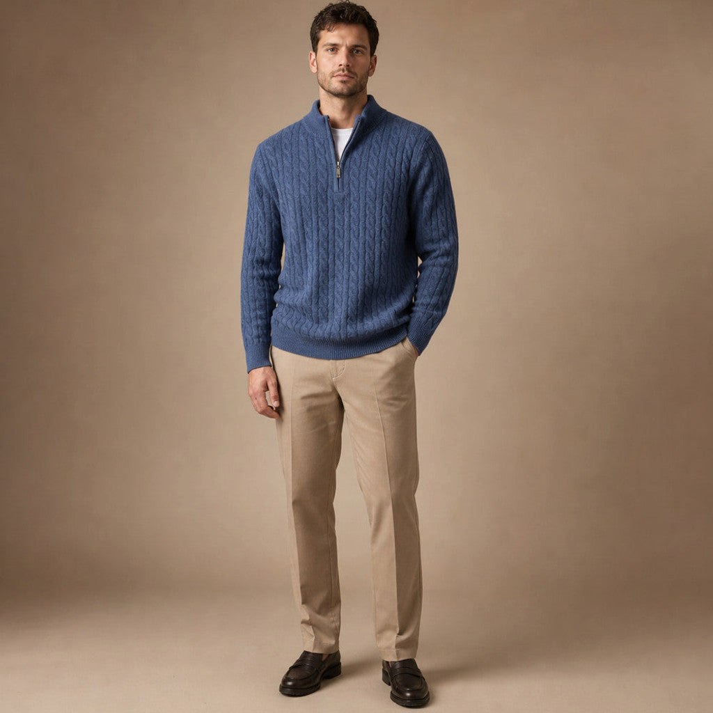 Harold | Cable Knit Quarter Zip Jumper Midnight Navy – Full Look