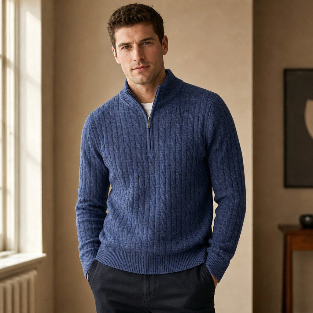 Harold | Cable Knit Quarter Zip Jumper Midnight Navy – Styled Editorial Shot