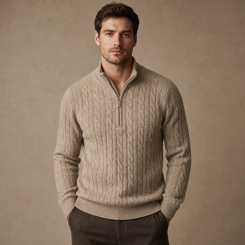 Harold | Cable Knit Quarter Zip Jumper in Oat – Premium Editorial