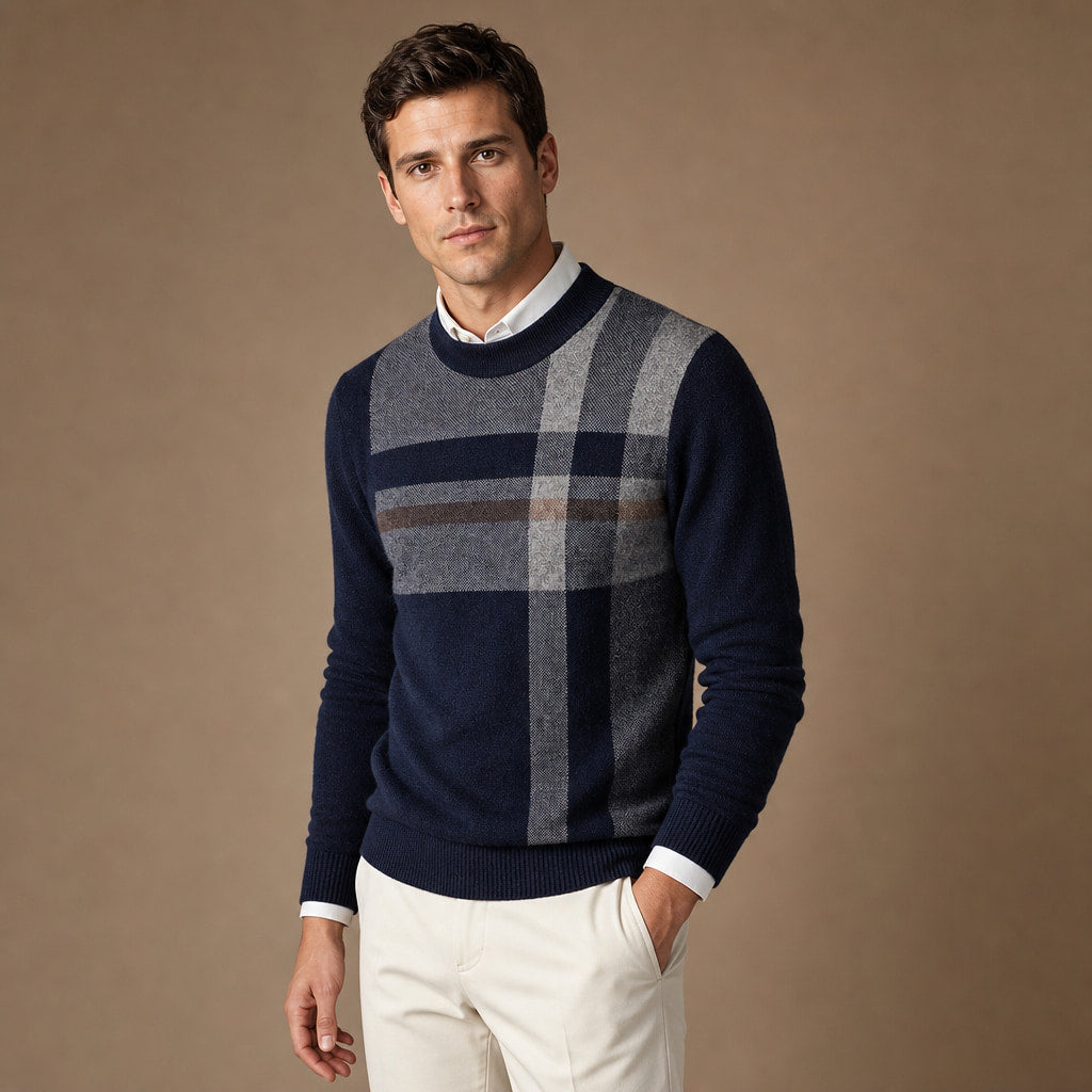 Plaid Cashmere Jumper Navy – Side Angle View