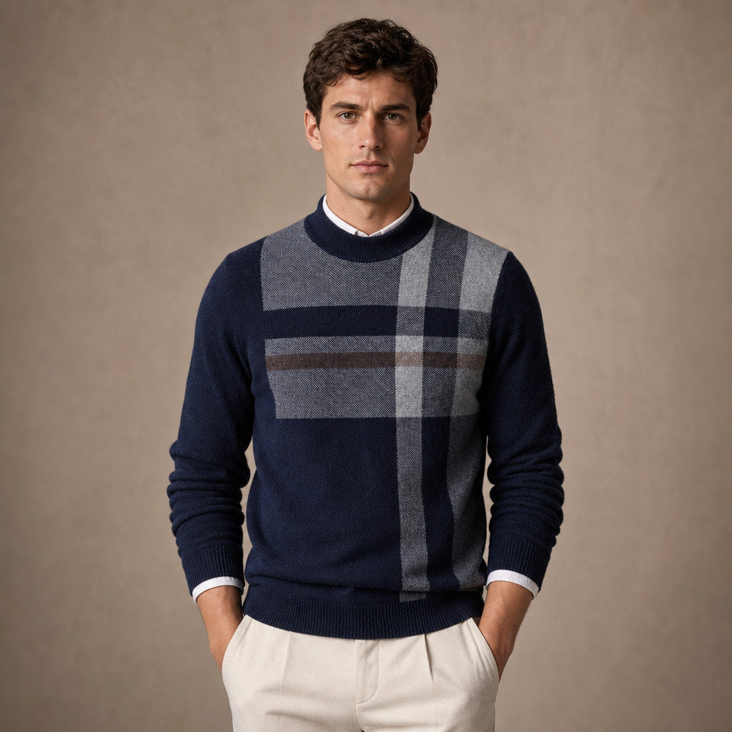 Plaid Cashmere Jumper in Navy – Tomosino Premium Menswear
