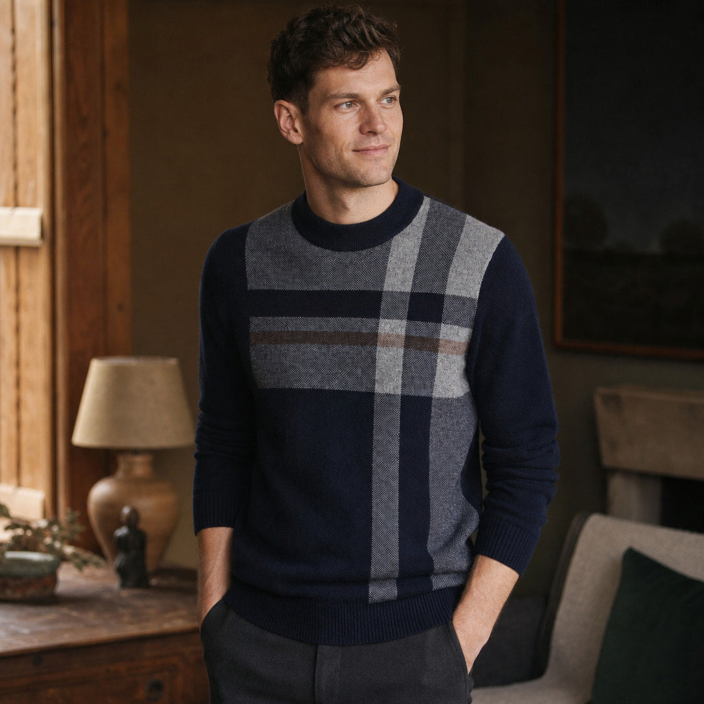 Plaid Cashmere Jumper Navy – Styled Editorial Shot