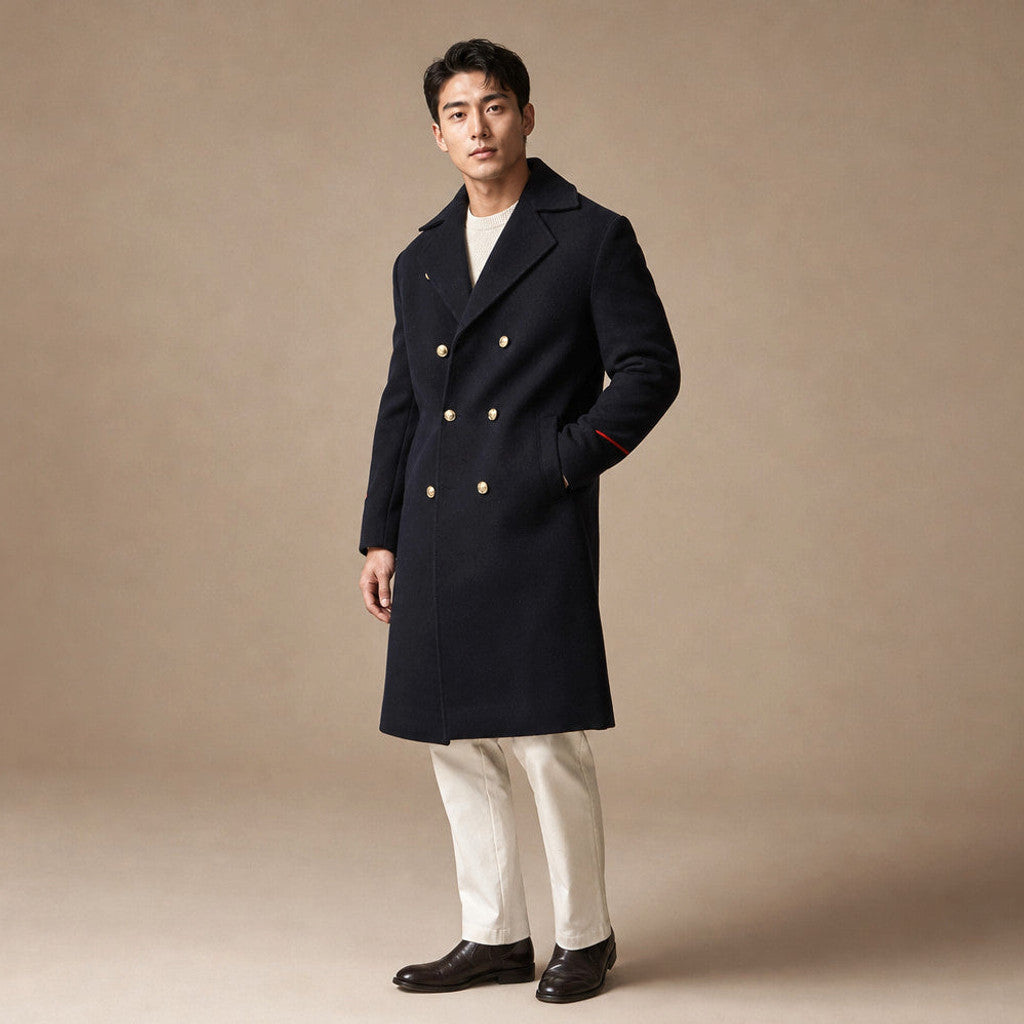 Harstone | Double Breasted Coat Longline Navy – Side Angle View
