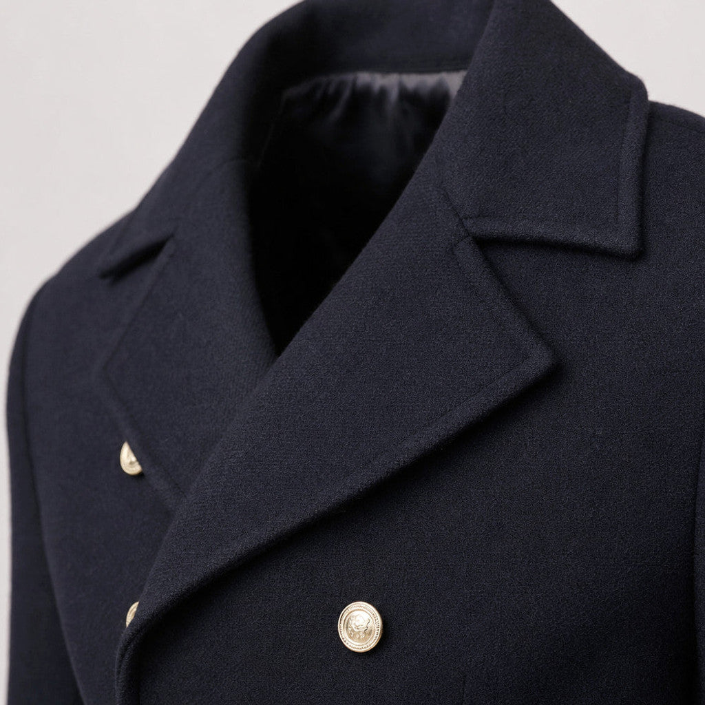 Harstone | Double Breasted Coat Longline Navy – Fabric and Detail Close-Up