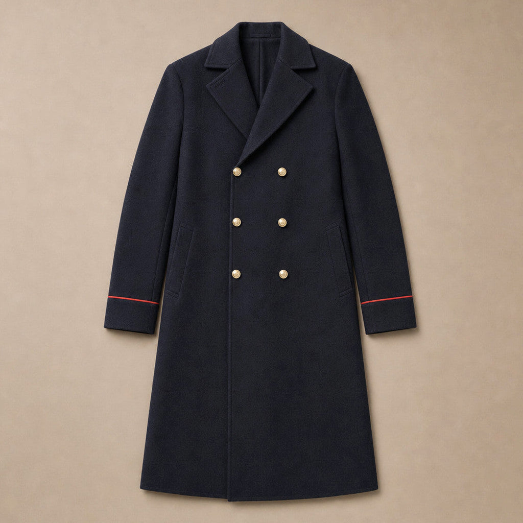 Harstone | Double Breasted Coat Longline Navy – Flat Lay Product Photo