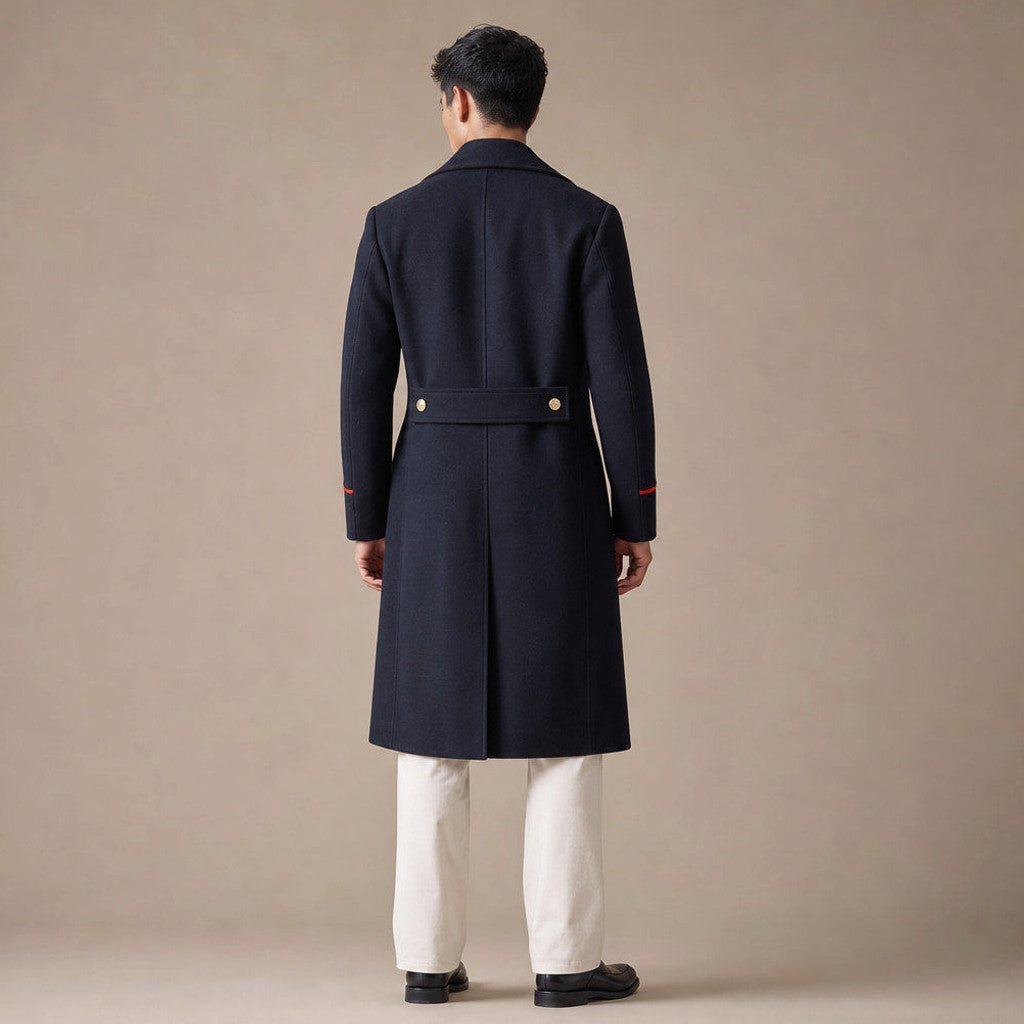 Harstone | Double Breasted Coat Longline Navy – Full Look