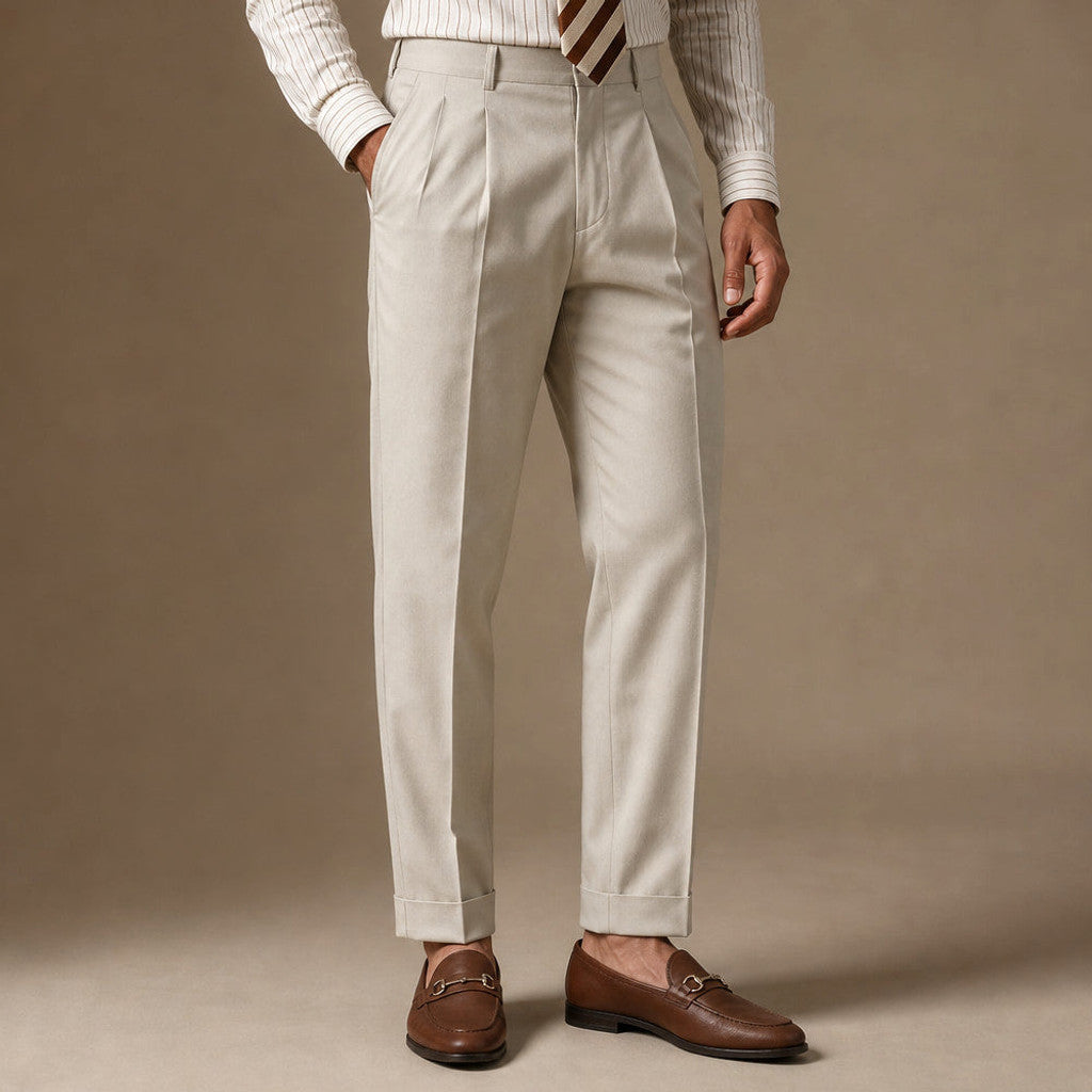Hartvale | Pleated Trouser Tapered Leg Khaki – Side Angle View