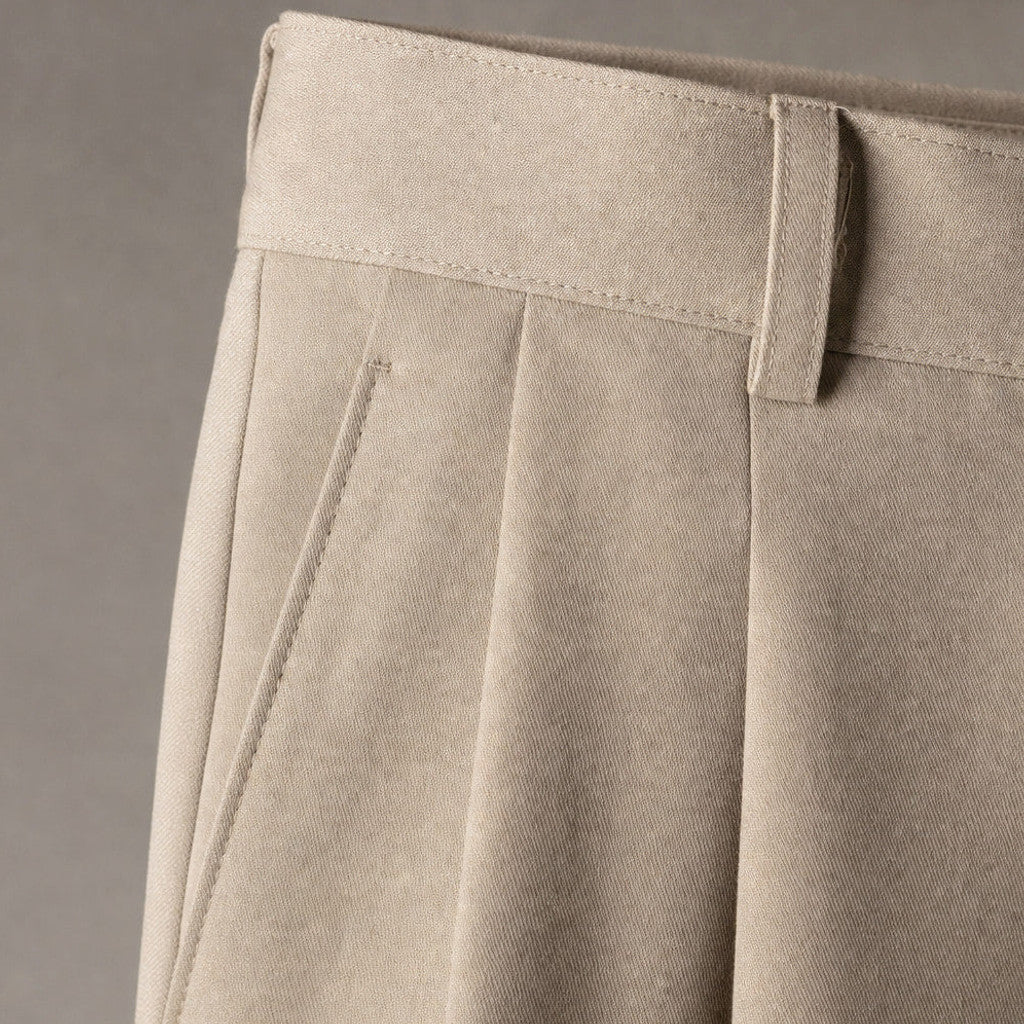 Hartvale | Pleated Trouser Tapered Leg Khaki – Fabric and Detail Close-Up