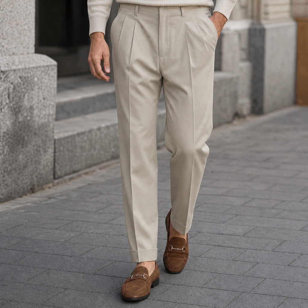 Hartvale | Pleated Trouser Tapered Leg Khaki – Styled Editorial Shot