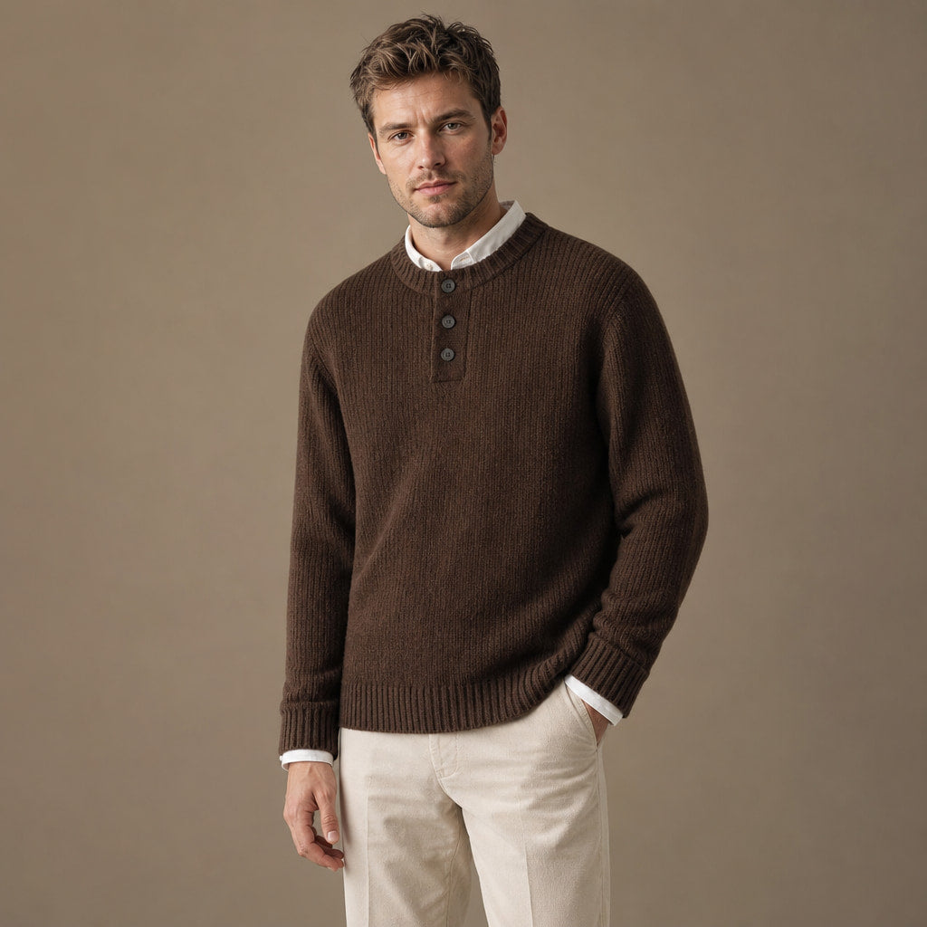 Crew Neck Jumper Three-Button Neck Brown – Side Angle View
