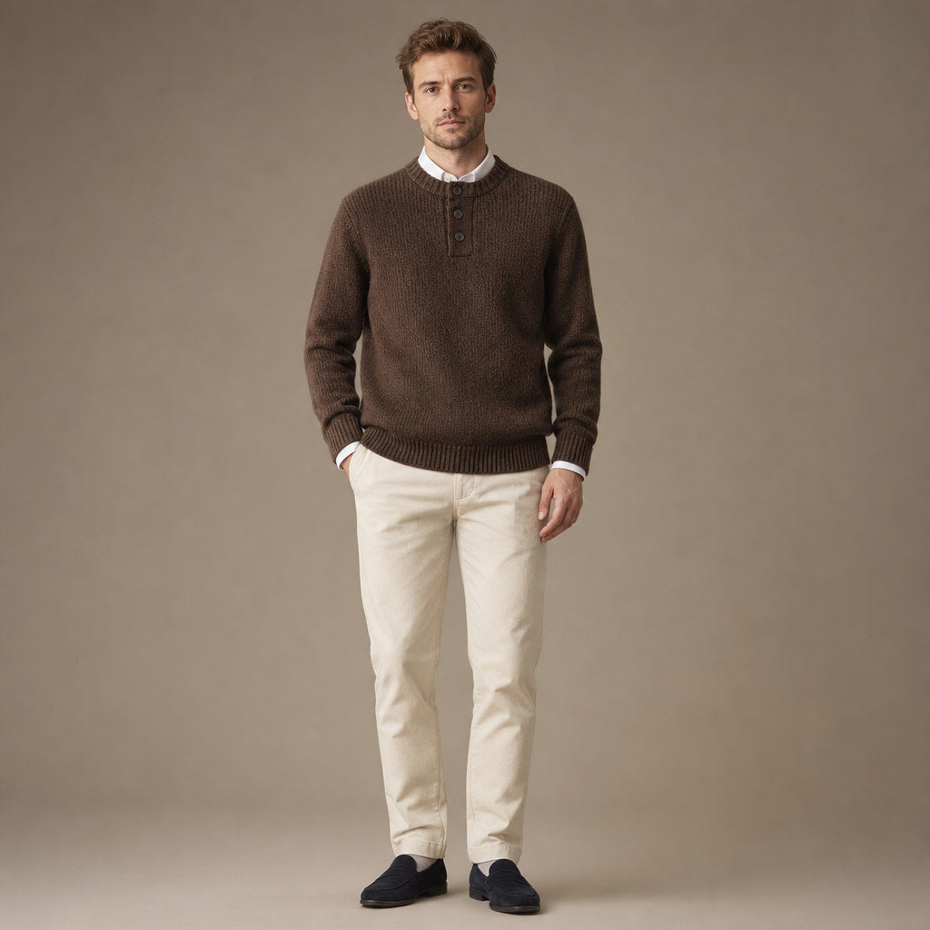 Crew Neck Jumper Three-Button Neck Brown – Full Look