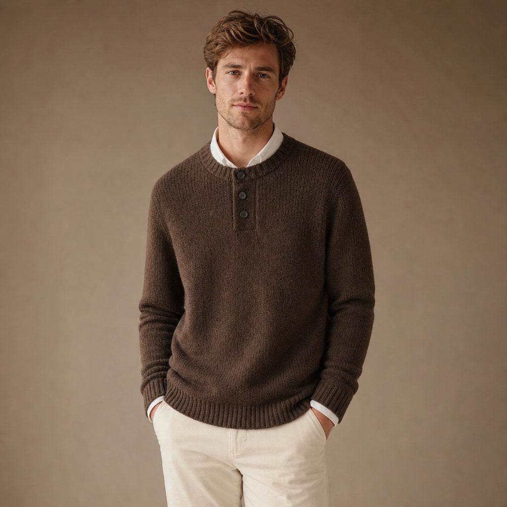 Crew Neck Jumper Three-Button Neck Brown – Product Photo