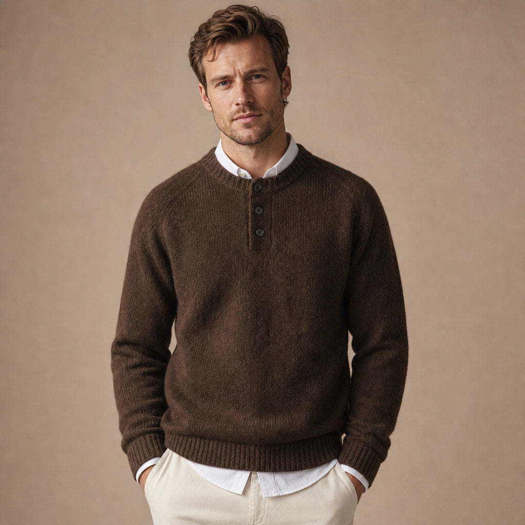 Crew Neck Jumper Three-Button Neck in Brown – Tomosino Premium Menswear