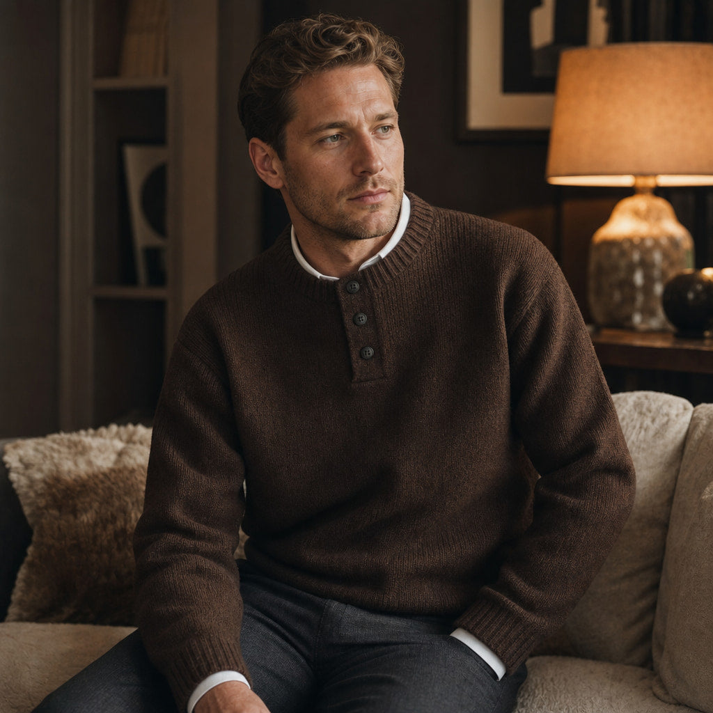Crew Neck Jumper Three-Button Neck Brown – Styled Editorial Shot