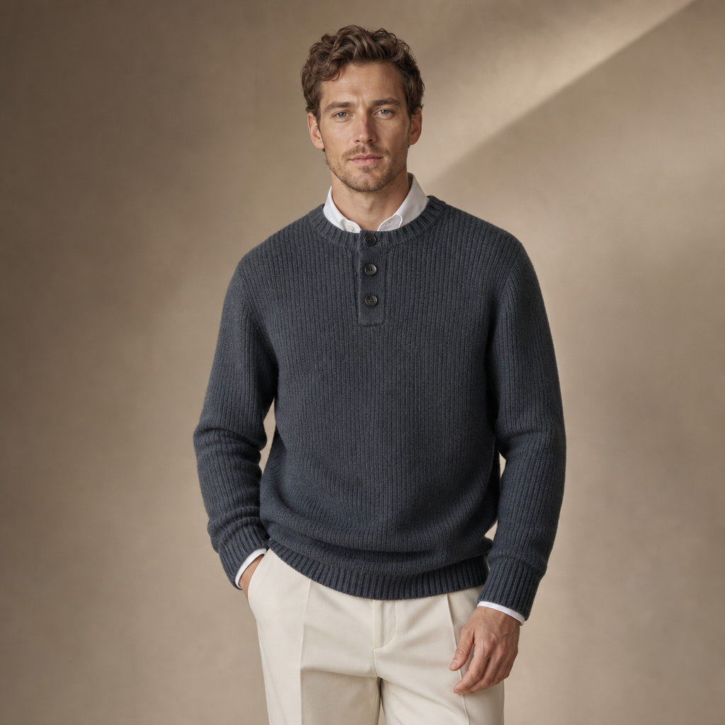 Crew Neck Jumper Three-Button Neck Grey – Product Photo
