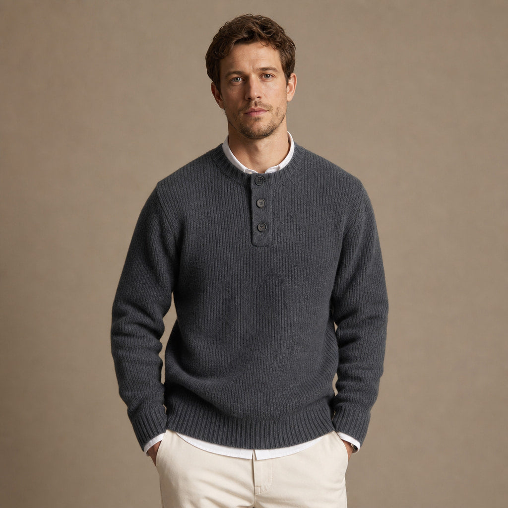 Crew Neck Jumper Three-Button Neck in Grey – Tomosino Premium Menswear