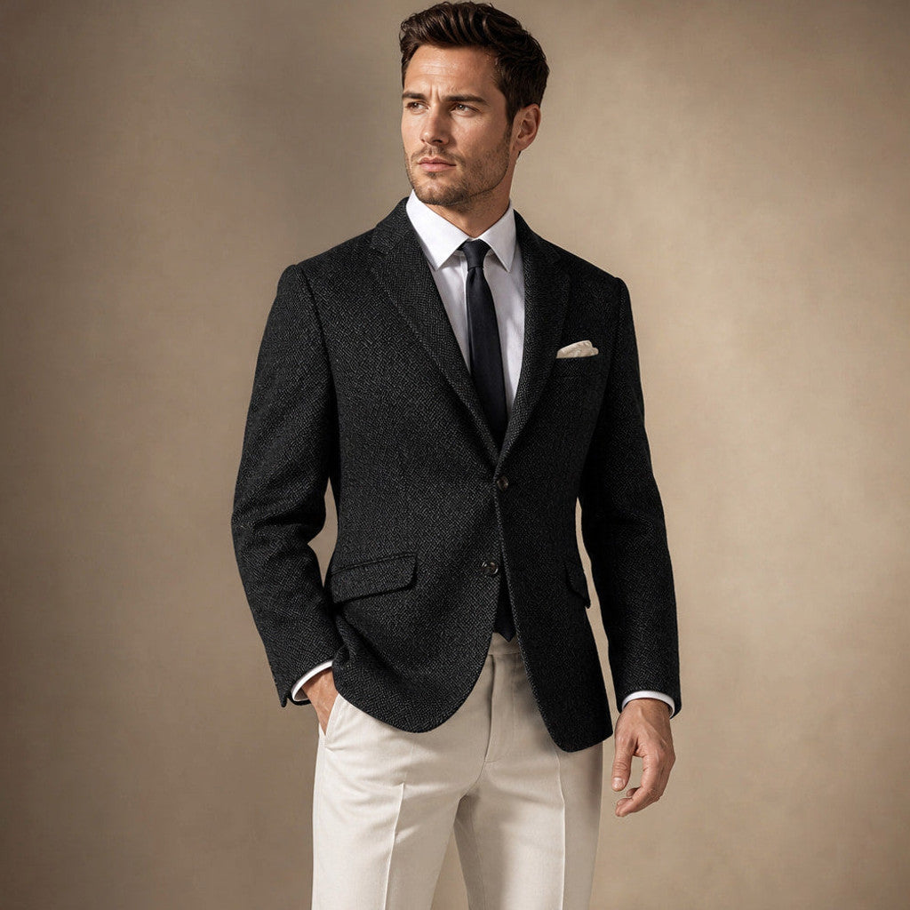 Harwell | Herringbone Blazer Notch Lapel Black – Side Angle View