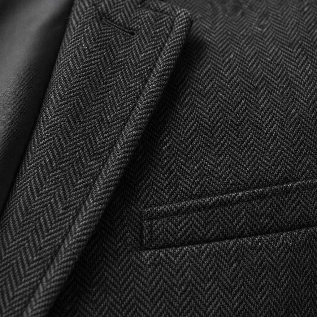 Harwell | Herringbone Blazer Notch Lapel Black – Fabric and Detail Close-Up