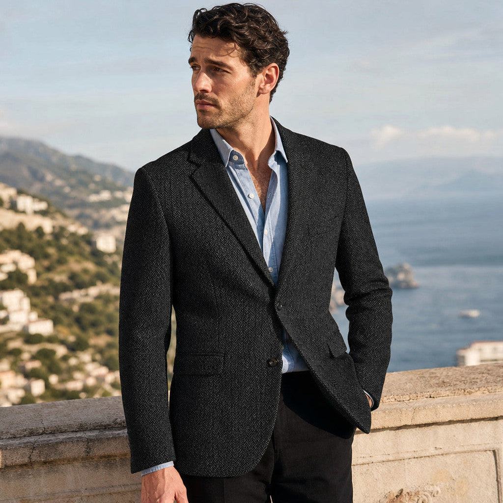 Harwell | Herringbone Blazer Notch Lapel Black – Styled Editorial Shot
