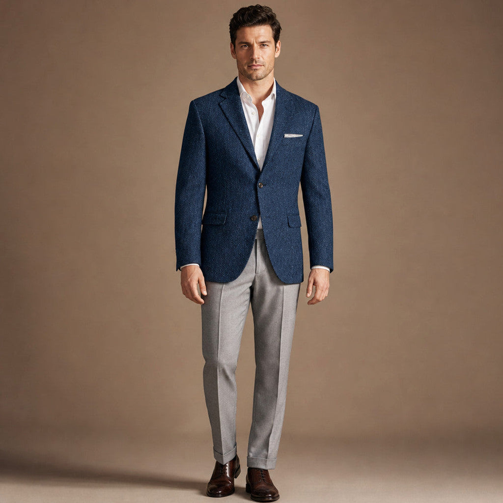Harwell | Herringbone Blazer Notch Lapel in Blue – Premium Editorial