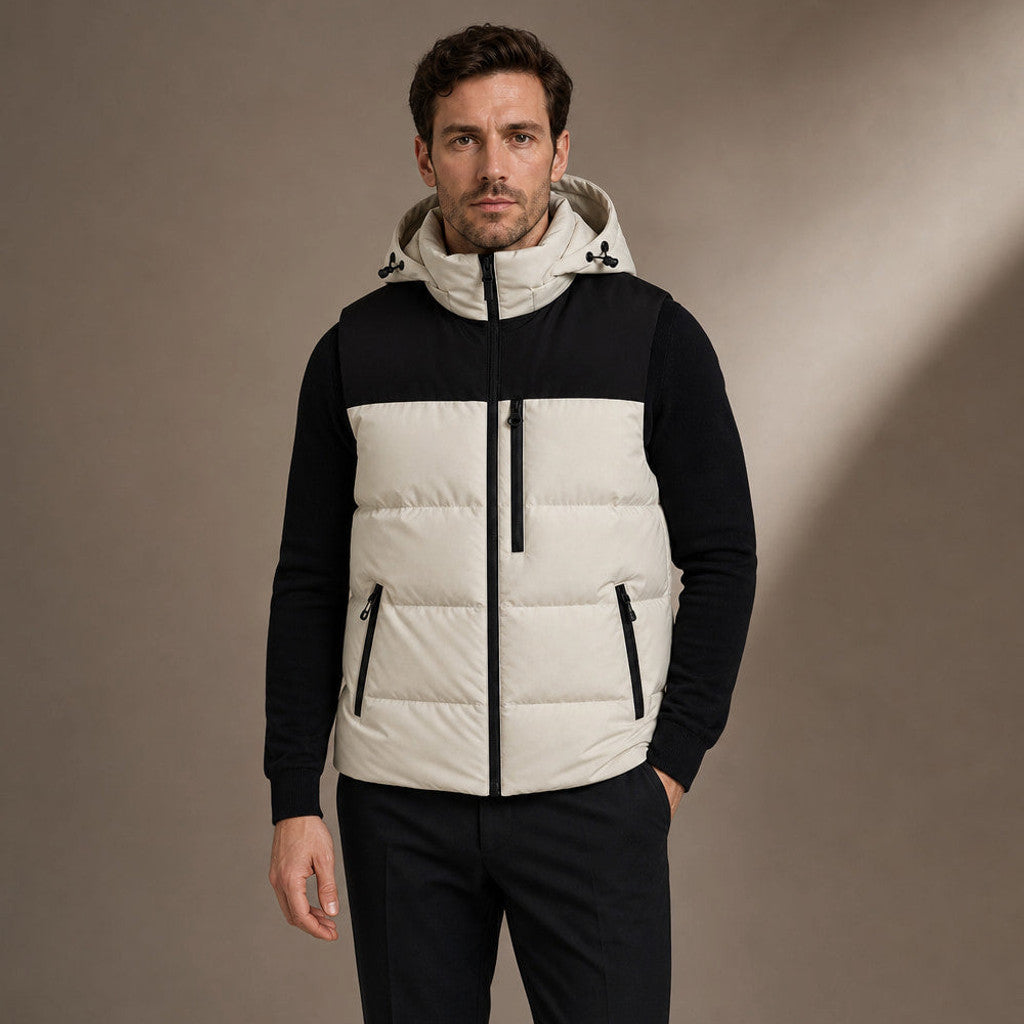 Hawkins | Long Puffer Vest Hooded Zip-Up in Beige – Premium Editorial
