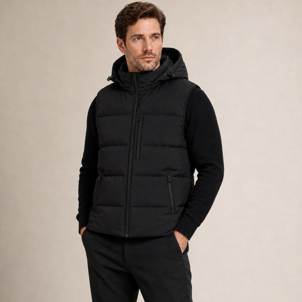 Hawkins | Long Puffer Vest Hooded Zip-Up Black – Side Angle View