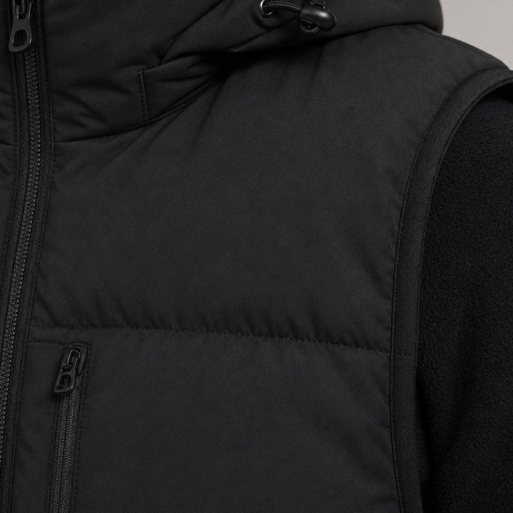 Hawkins | Long Puffer Vest Hooded Zip-Up Black – Fabric and Detail Close-Up